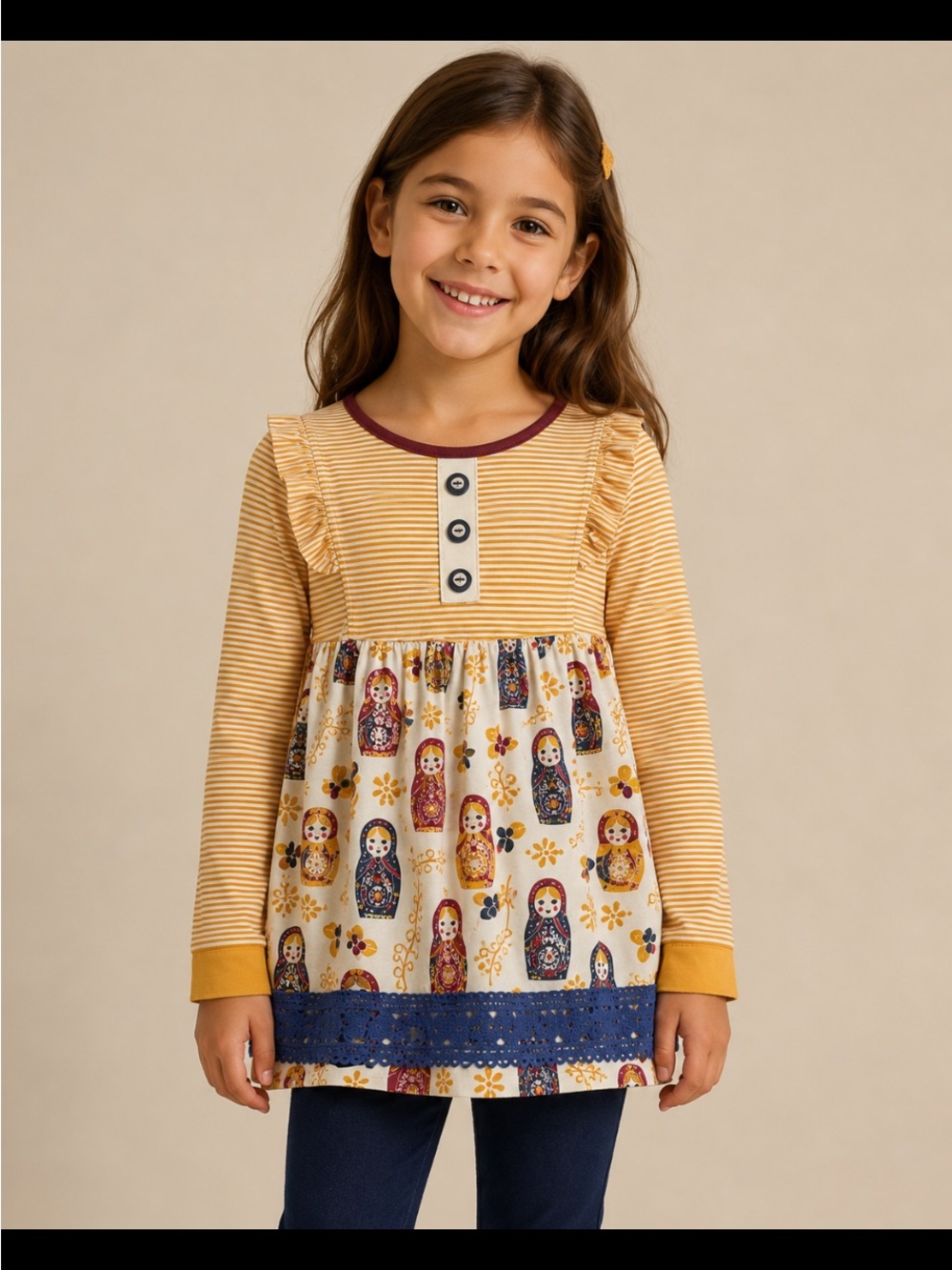 WILDFLOWERS Striped Yellow & Cream Matryoshka Print Girls' Tunic Top